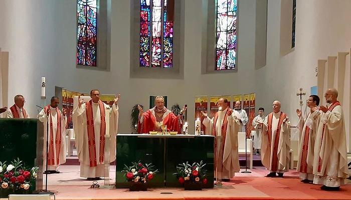 Generalvikar Martin Korpitsch (Mitte) umringt von seinen Mitbrüdern bei seiner Jubiläumsmesse im Martinsdom.